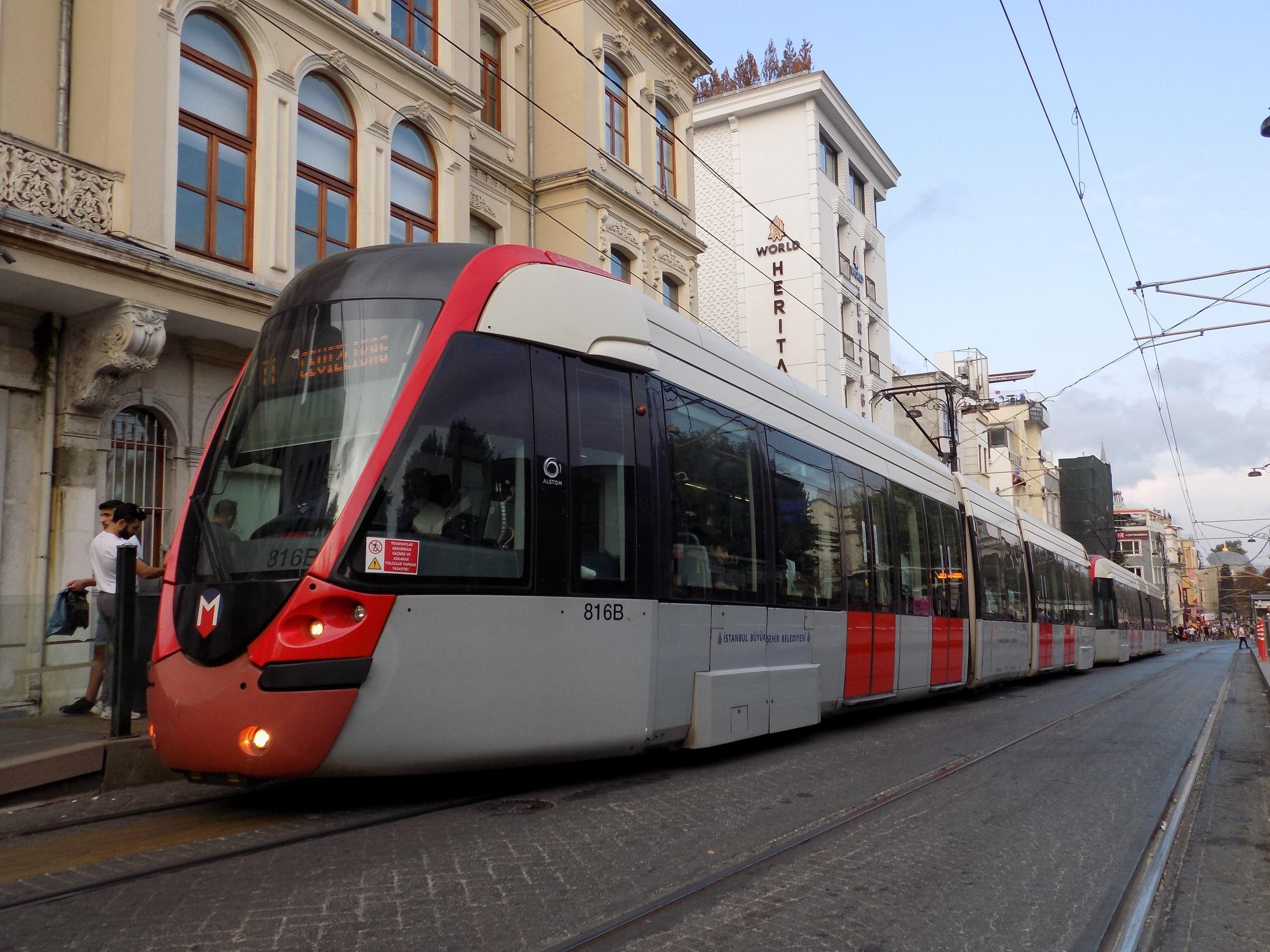 A red T1 tram waiting at the Sultanahmet stop