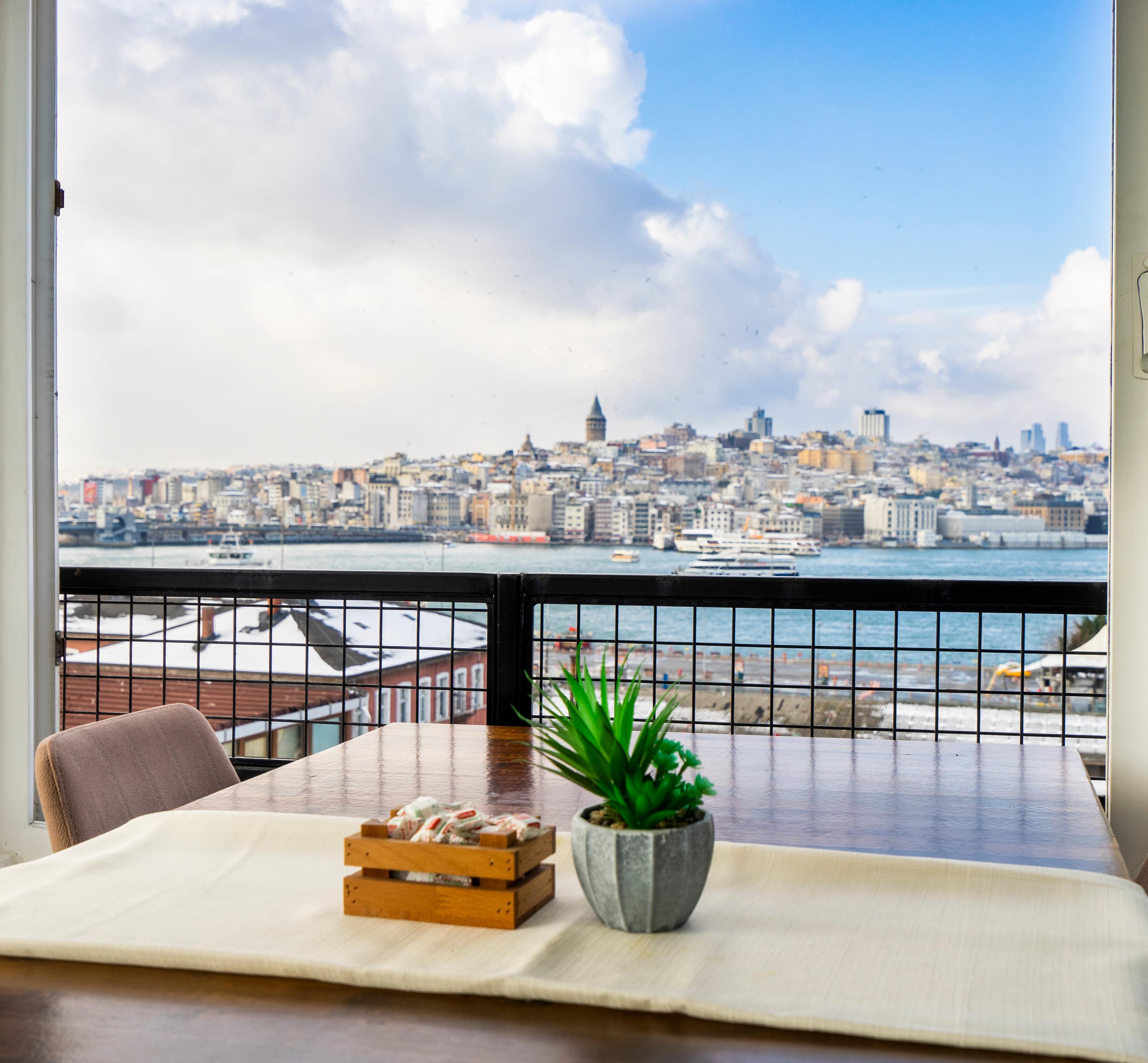 The view from a terrace table across the water to Galata